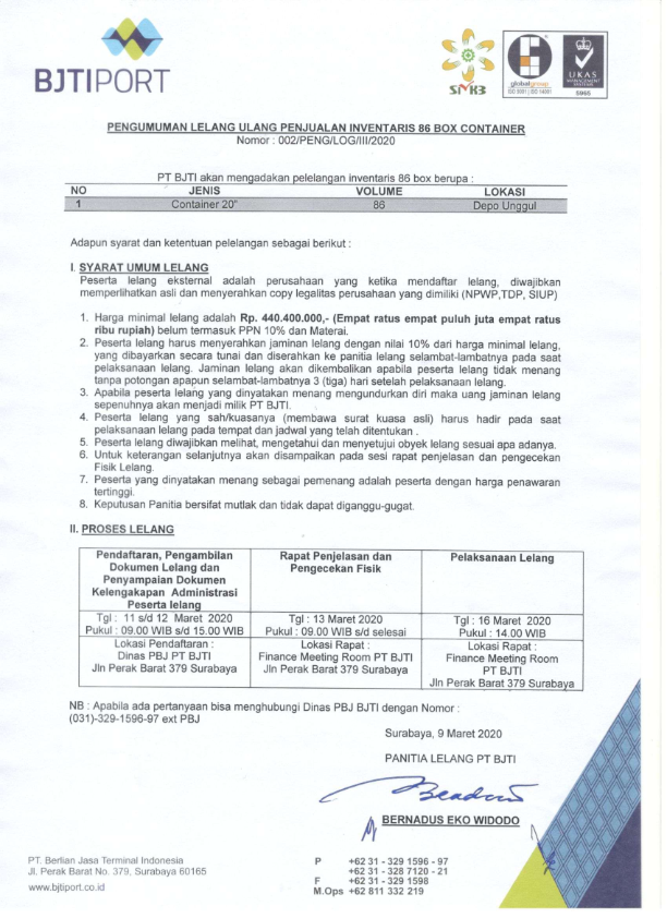 PENGUMUMAN LELANG ULANG PENJUALAN INVENTARIS 86 BOX CONTAINER